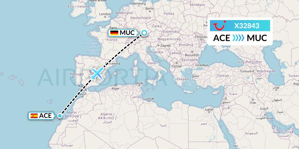 X32843 TUI fly Germany Flight Map: Lanzarote to Munich