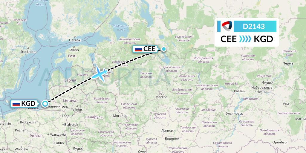 D2143 Severstal Aircompany Flight Map: Cherepovets to Kaliningrad