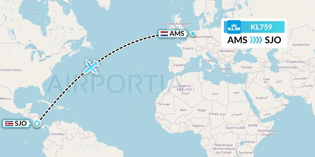 KL759 KLM Flight Map: Amsterdam to San Jose