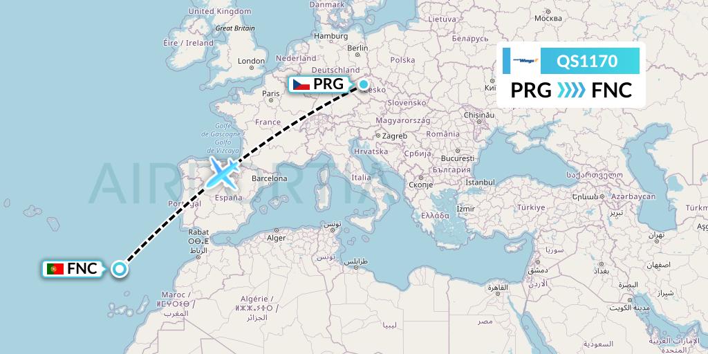 QS1170 Smartwings Flight Map: Prague to Funchal