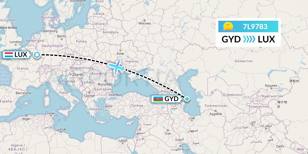 7L9783 Silk Way West Airlines Flight Map: Baku to Luxembourg