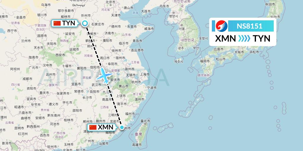 NS8151 Hebei Airlines Flight Map: Xiamen to Taiyuan