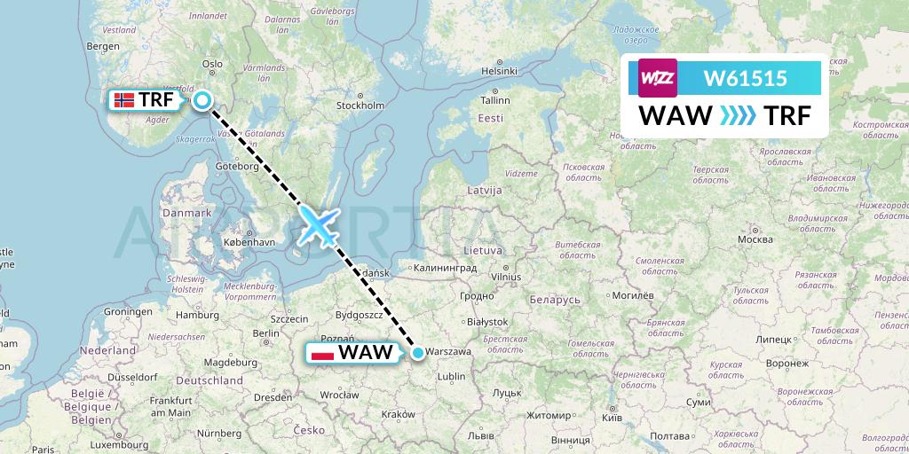 W61515 Wizz Air Flight Map: Warsaw to Oslo
