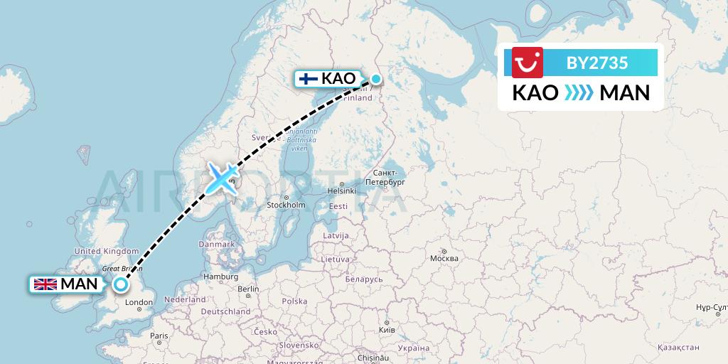 BY2735 TUI Airways Flight Map: Kuusamo to Manchester
