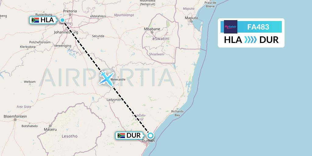 FA483 Safair Flight Map: Johannesburg to Durban