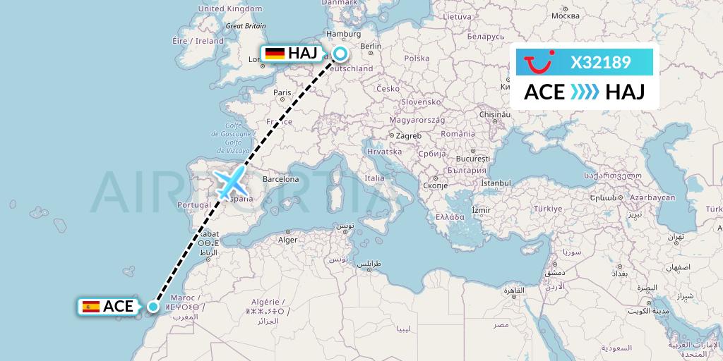 X32189 TUI fly Germany Flight Map: Lanzarote to Hannover