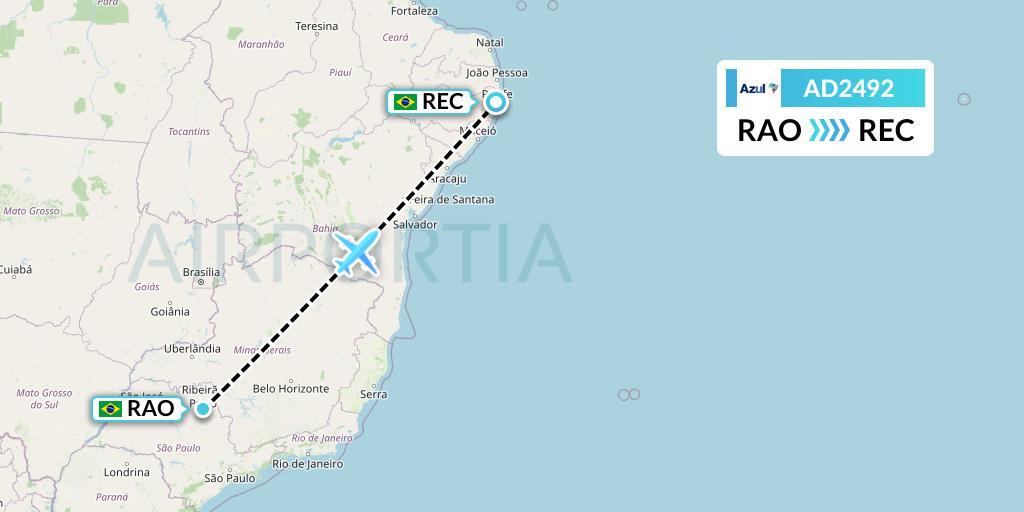 AD2492 Azul Brazilian Airlines Flight Map: Riberao Preto to Recife