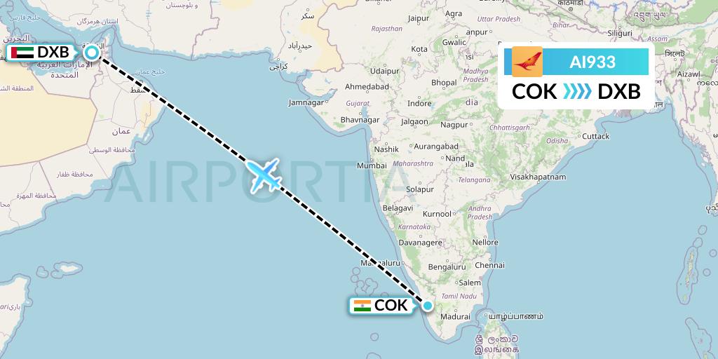 AI933 Air India Flight Map: Cochin to Dubai