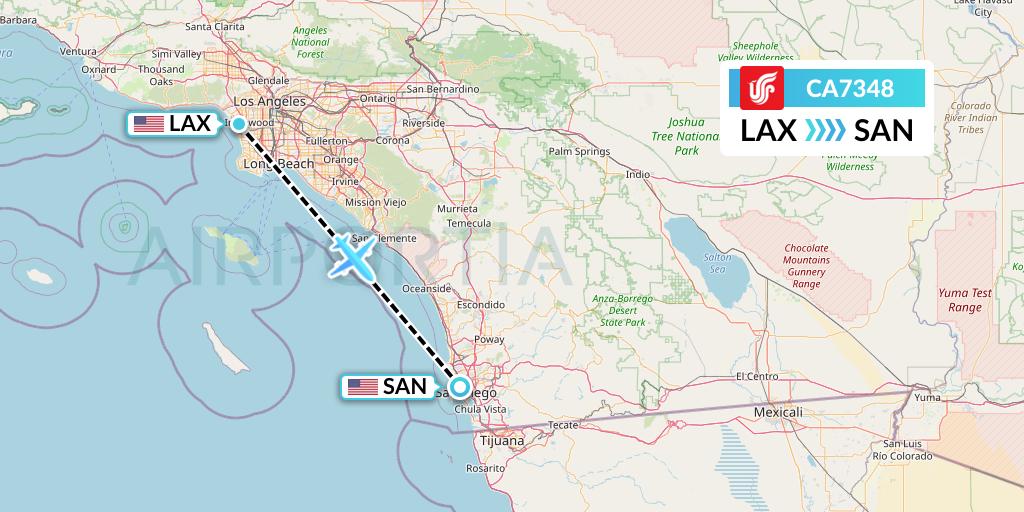 CA7348 Air China Flight Map: Los Angeles to San Diego