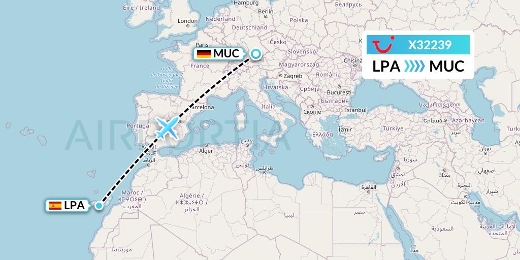 X32239 TUI fly Germany Flight Map: Las Palmas to Munich