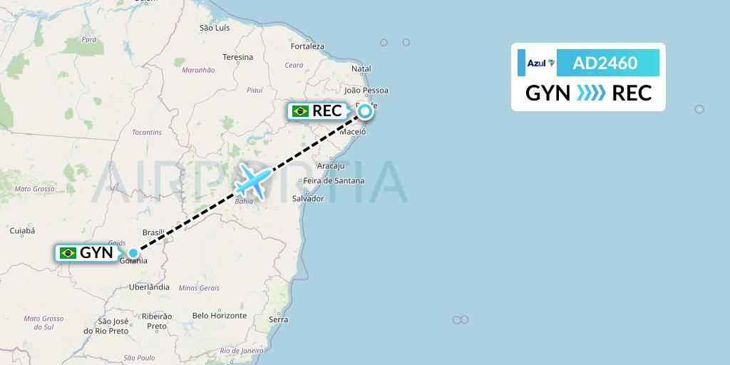 AD2460 Azul Brazilian Airlines Flight Map: Goiania to Recife