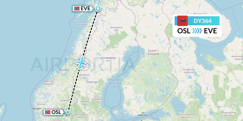 DY364 Norwegian Flight Map: Oslo to Harstad