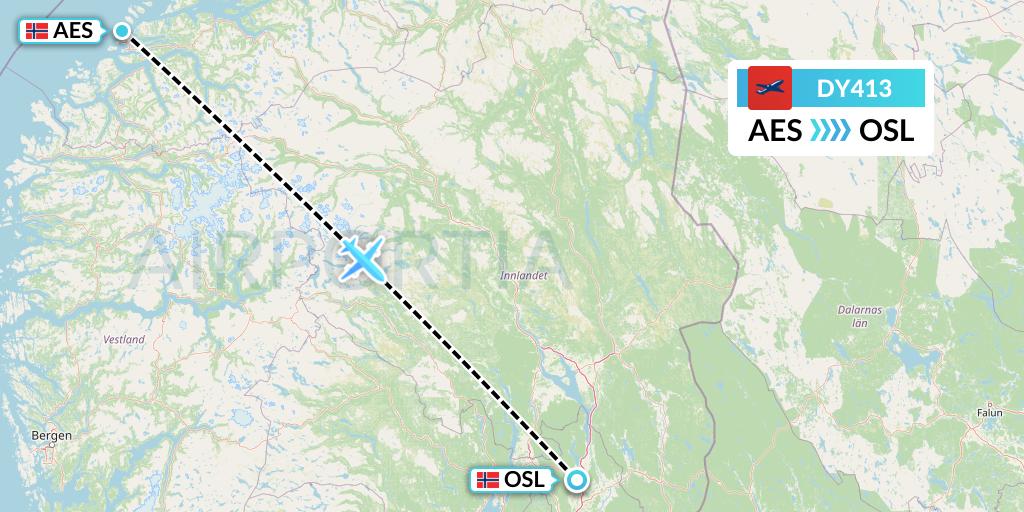 DY413 Norwegian Flight Map: Alesund to Oslo