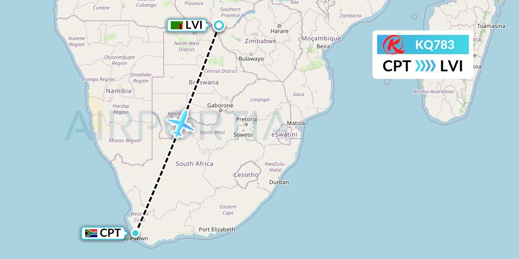KQ783 Kenya Airways Flight Map: Cape Town to Livingstone