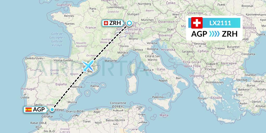 LX2111 Swiss Flight Map: Malaga to Zurich