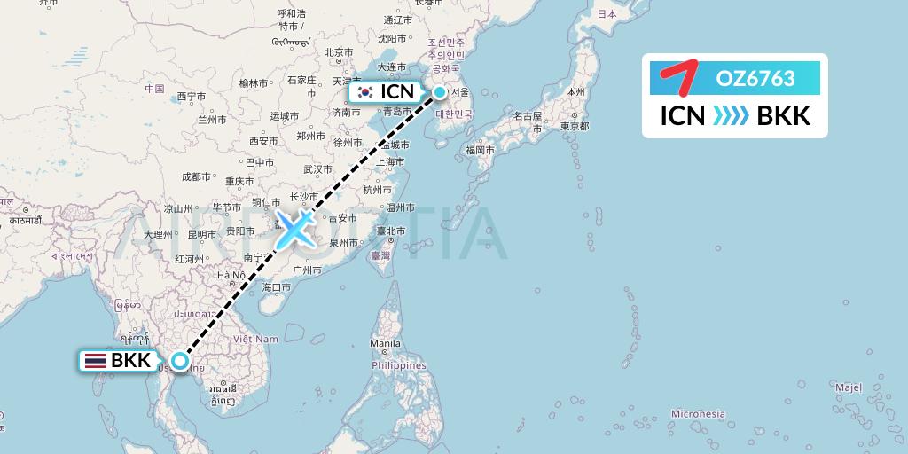 OZ6763 Asiana Airlines Flight Map: Seoul to Bangkok