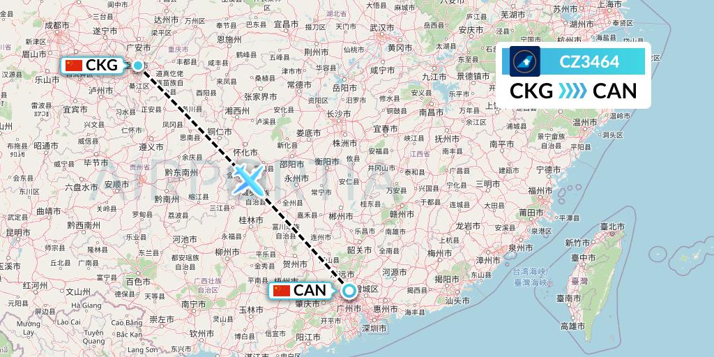 CZ3464 China Southern Airlines Flight Map: Chongqing to Guangzhou