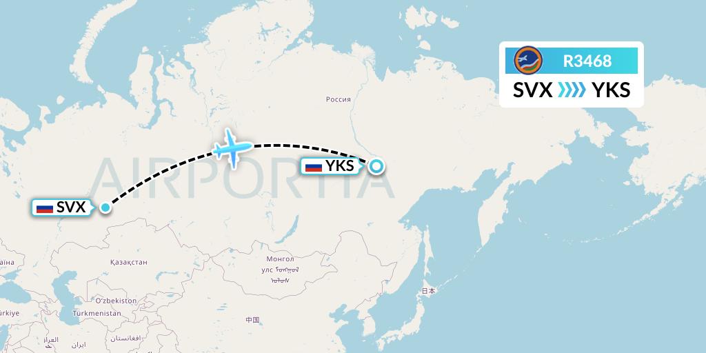 R3468 Yakutia Airlines Flight Map: Yekaterinburg to Yakutsk