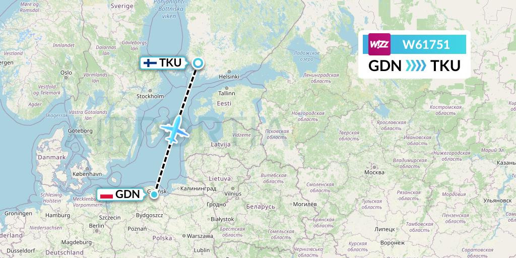 W61751 Wizz Air Flight Map: Gdansk to Turku