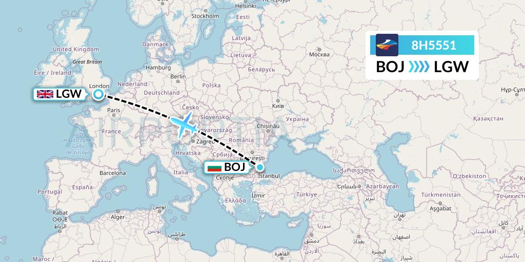 8H5551 BH Air Flight Map: Burgas to London