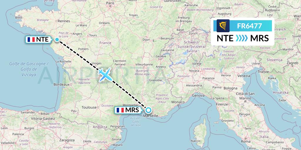 FR6477 Ryanair Flight Map: Nantes to Marseille