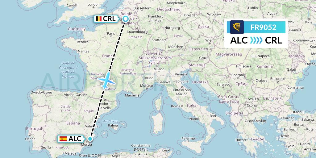 FR9052 Ryanair Flight Map: Alicante to Brussels