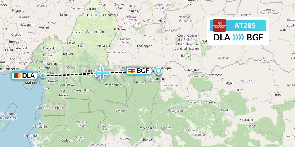 AT285 Royal Air Maroc Flight Map: Douala to Bangui