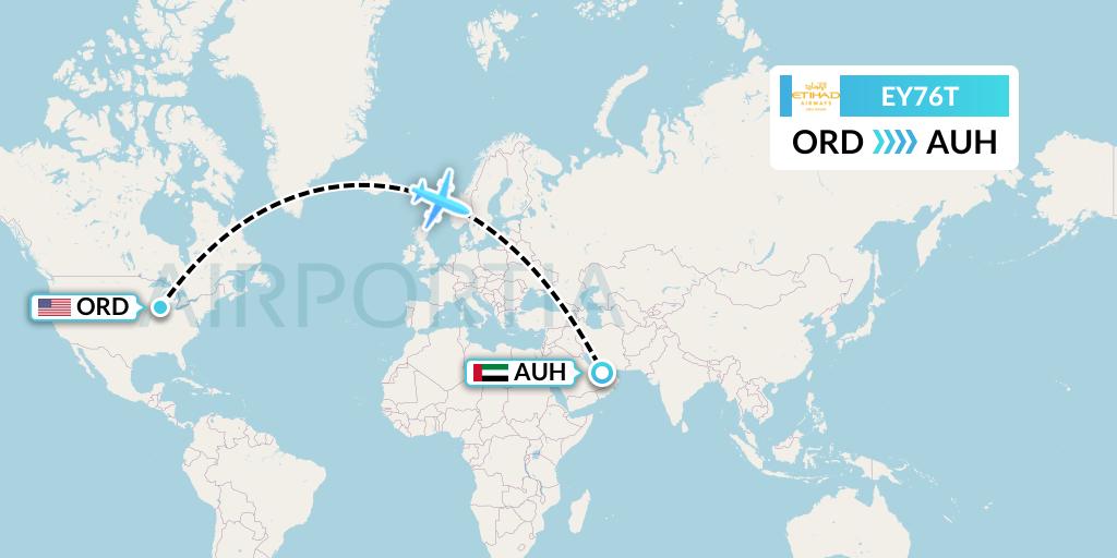 EY76T Etihad Airways Flight Map: Chicago to Abu Dhabi