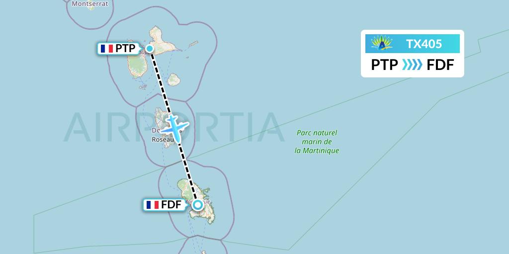 TX405 Air Caraibes Flight Map: Pointe-a-Pitre to Fort-de-France