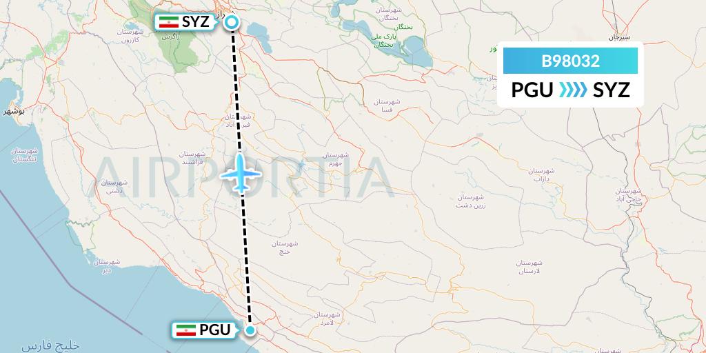 B98032 Iran Air Tours Flight Map: Assaluyeh to Shiraz