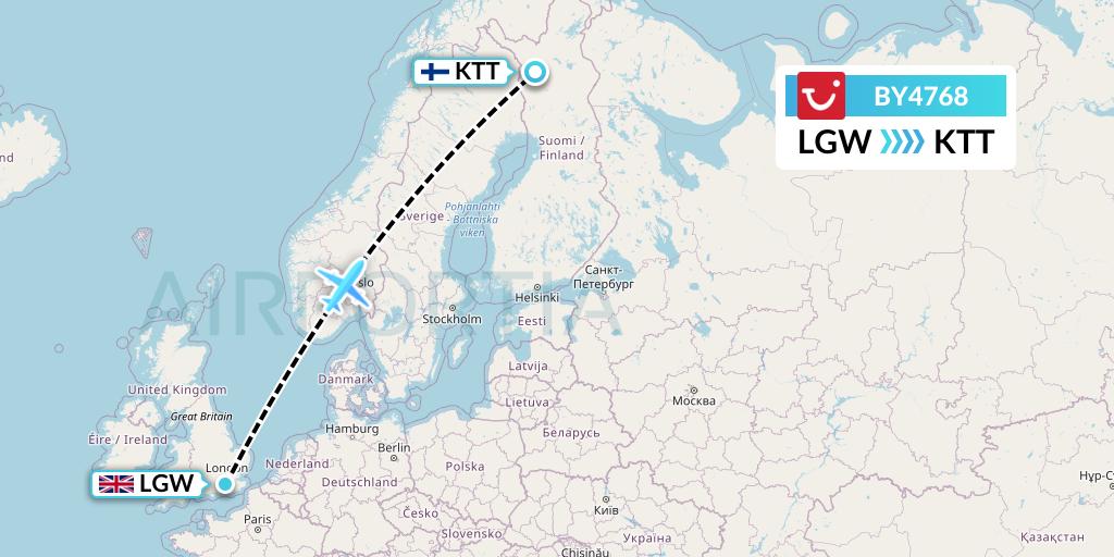BY4768 TUI Airways Flight Map: London to Kittila