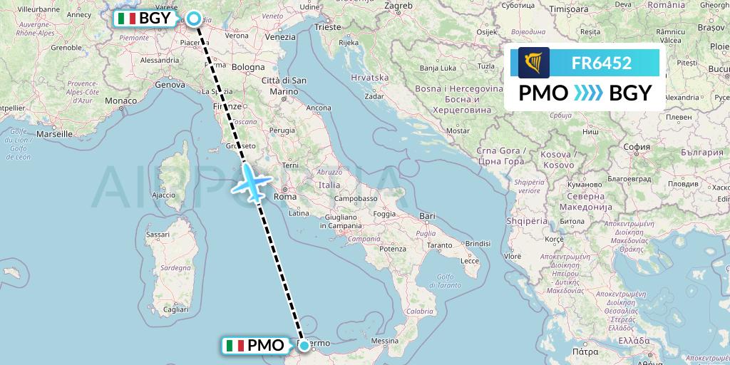 FR6452 Ryanair Flight Map: Palermo to Milan