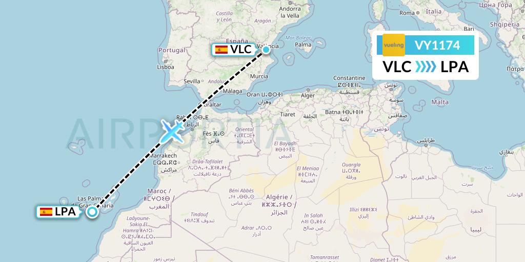 VY1174 Vueling Flight Map: Valencia to Las Palmas