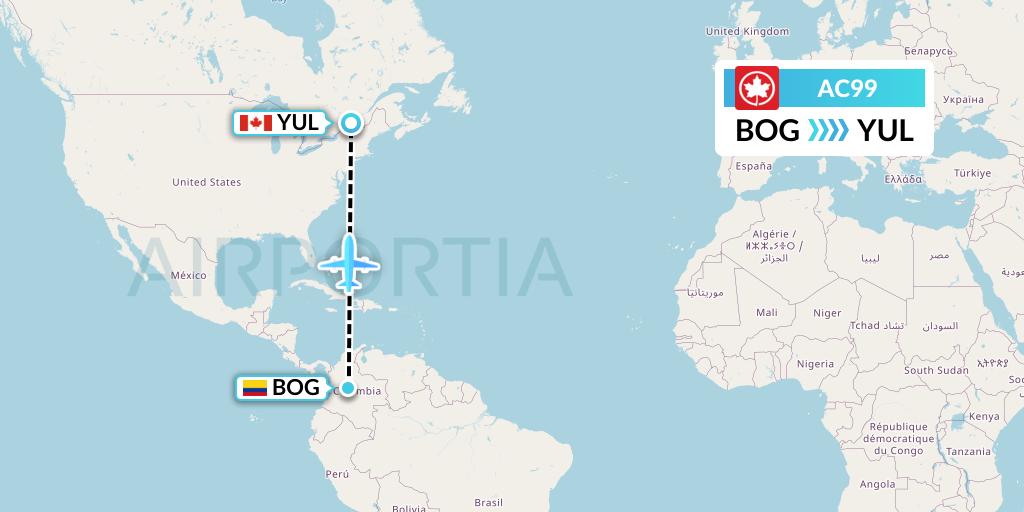 AC99 Air Canada Flight Map: Bogota to Montreal