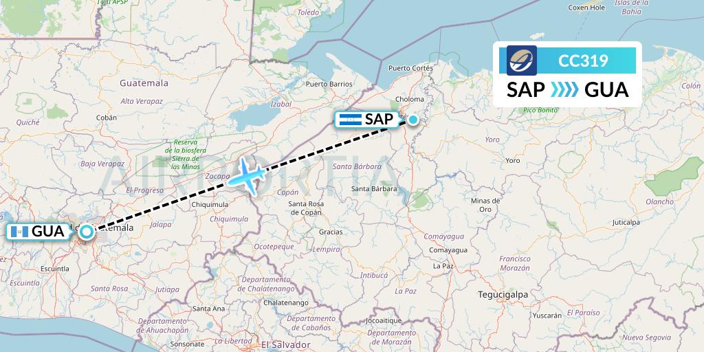CC319 CM Airlines Flight Map: San Pedro Sula to Guatemala City