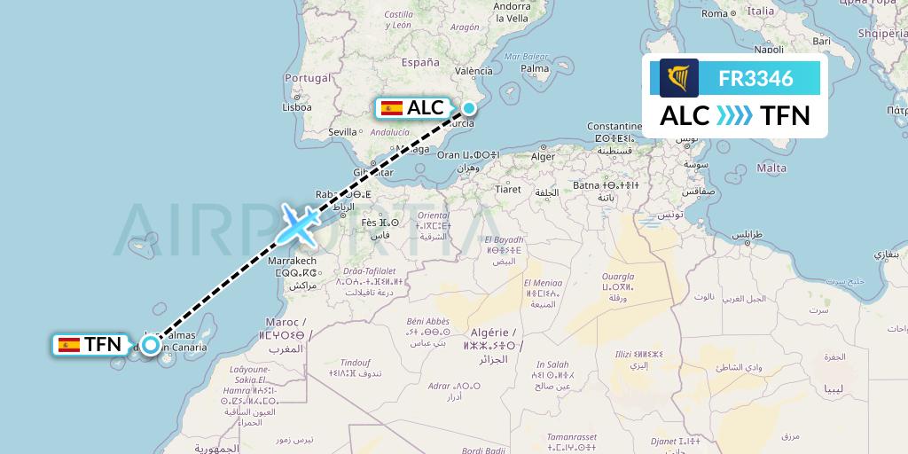 FR3346 Ryanair Flight Map: Alicante to Tenerife