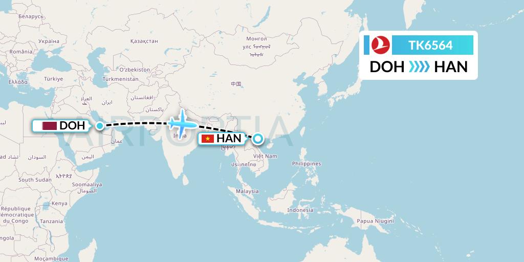 TK6564 Turkish Airlines Flight Map: Doha to Hanoi