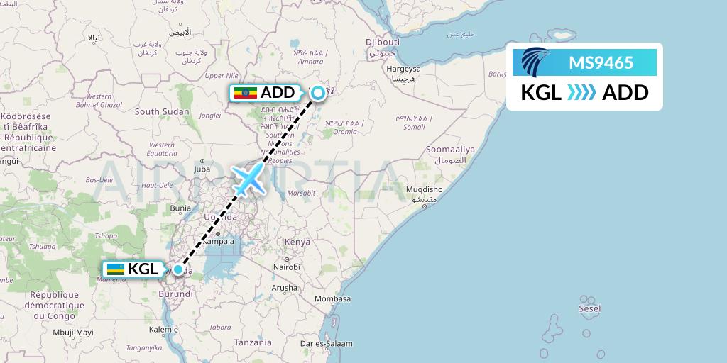 MS9465 EgyptAir Flight Map: Kigali to Addis Ababa