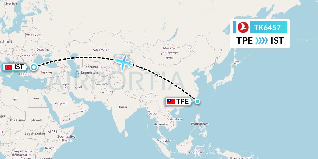 TK6457 Turkish Airlines Flight Map: Taipei to Istanbul