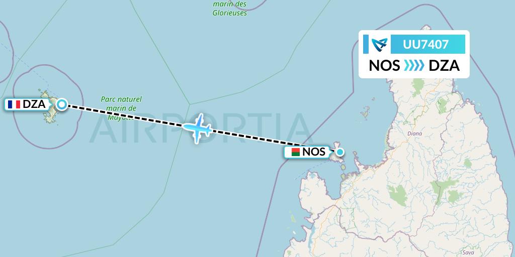 UU7407 Air Austral Flight Map: Nosy Be to Dzaoudzi