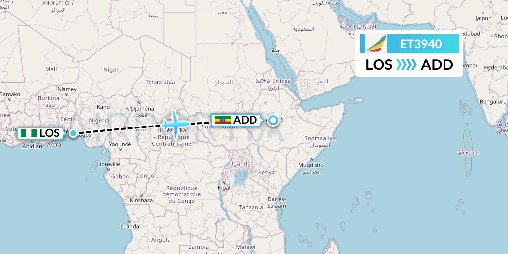 ET3940 Ethiopian Airlines Flight Map: Lagos to Addis Ababa