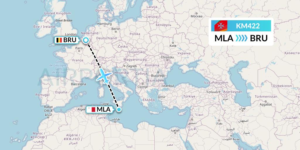 KM422 Air Malta Flight Map: Malta to Brussels