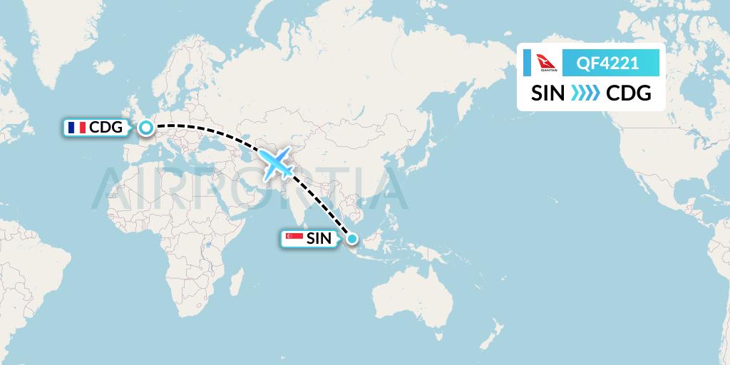 QF4221 Qantas Flight Map: Singapore to Paris