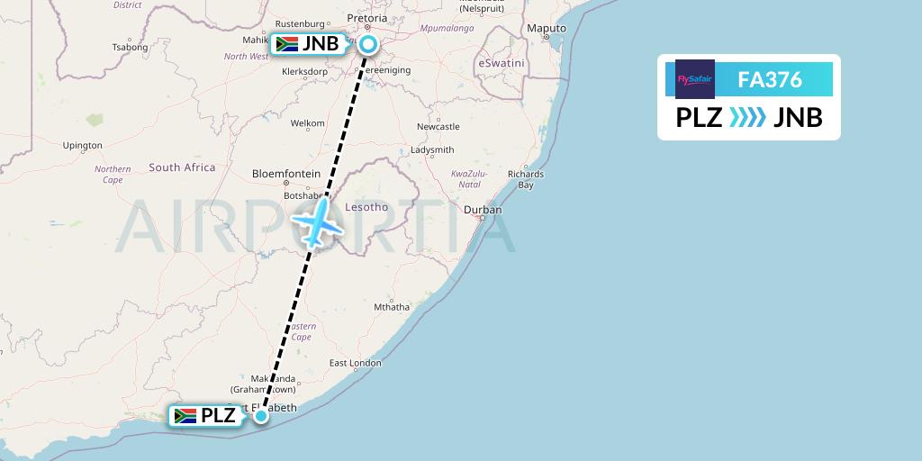 FA376 Safair Flight Map: Port Elizabeth to Johannesburg