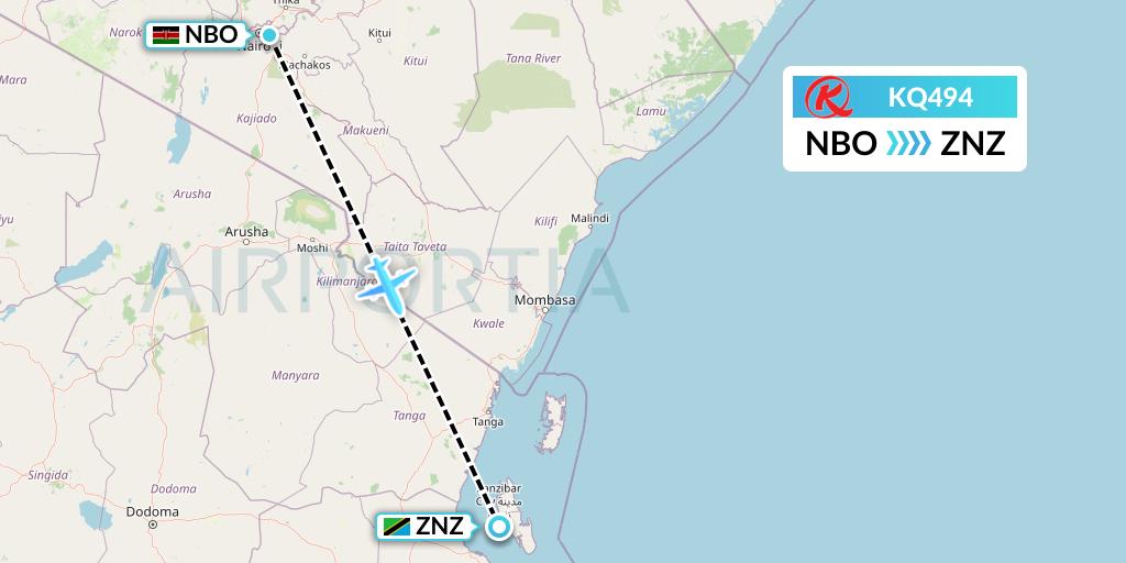 KQ494 Kenya Airways Flight Map: Nairobi to Zanzibar