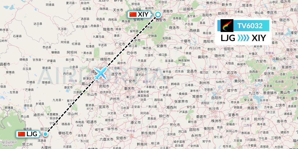 TV6032 Tibet Airlines Flight Map: Lijiang to Xi'an