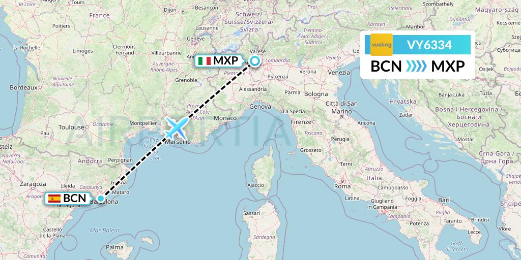 VY6334 Vueling Flight Map: Barcelona to Milan