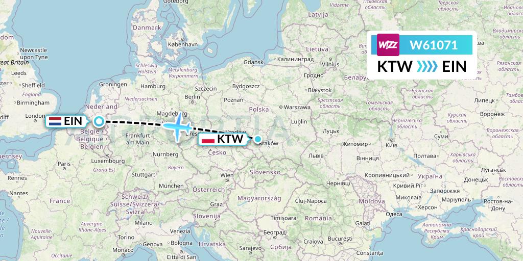 W61071 Wizz Air Flight Map: Katowice to Eindhoven