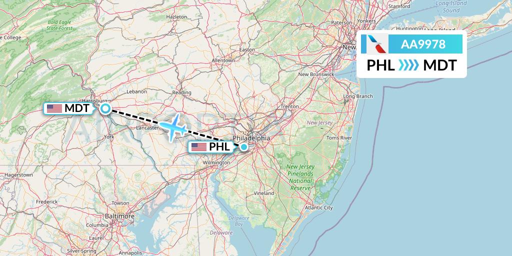 AA9978 American Airlines Flight Map: Philadelphia to Harrisburg