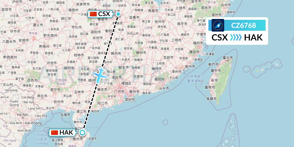 CZ6768 China Southern Airlines Flight Map: Changsha to Haikou